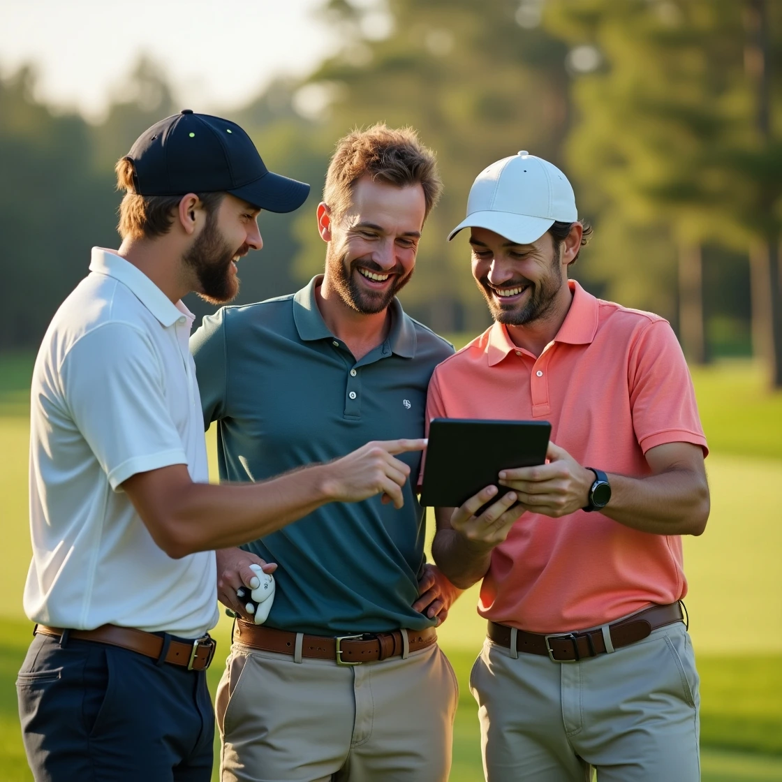 The team behind GolfGuideClub.com, a diverse group of golf enthusiasts, sharing a candid moment of collaboration on a sunny golf course.