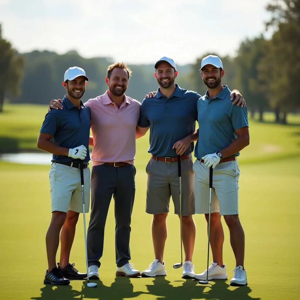 Group of smiling golfers holding clubs on a green golf course, representing passion and teamwork.