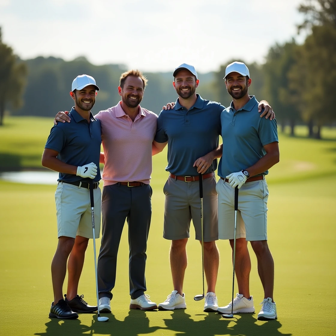 Group of smiling golfers holding clubs on a green golf course, representing passion and teamwork.
