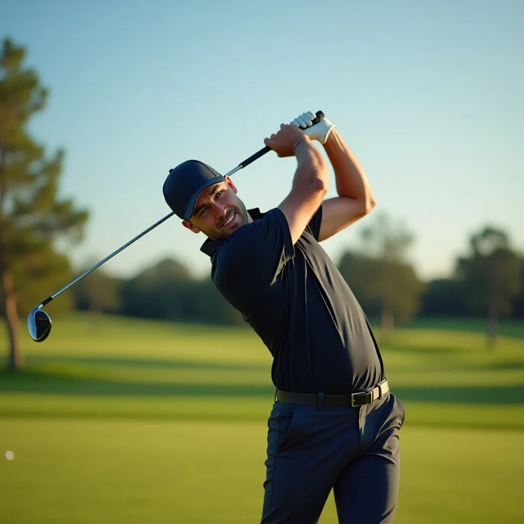 "Professional golfer mid-swing on a green golf course.
