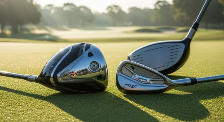 A modern golf driver and a sleek iron laying side-by-side on a pristine golf green, symbolizing the choice between distance and precision in golf.