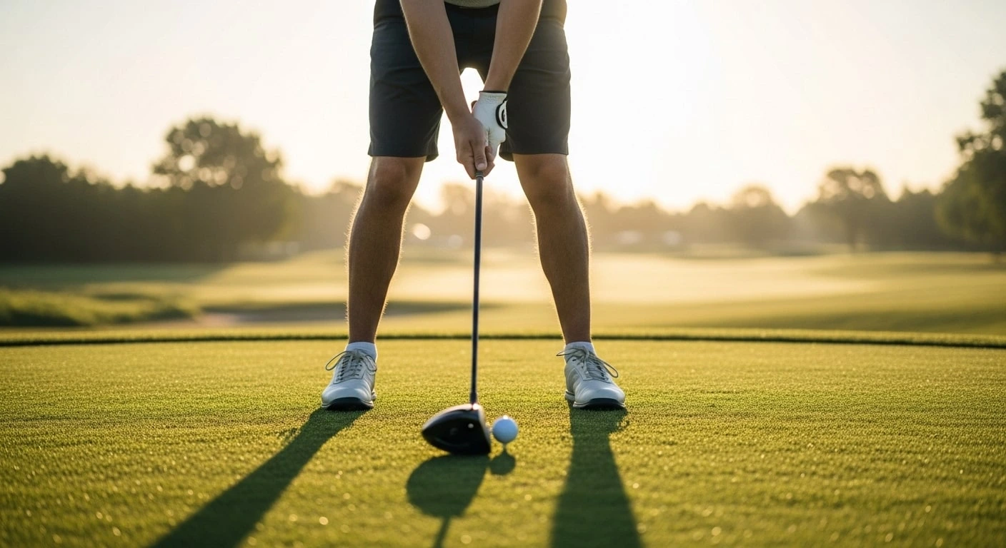 A golfer demonstrating the proper stance and grip with a driver before swinging.