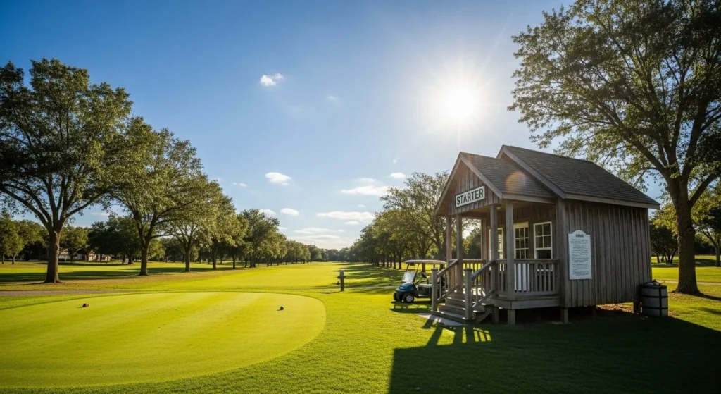 View from the first tee of a golf course, showing the starter's hut and a lush, green fairway ahead.