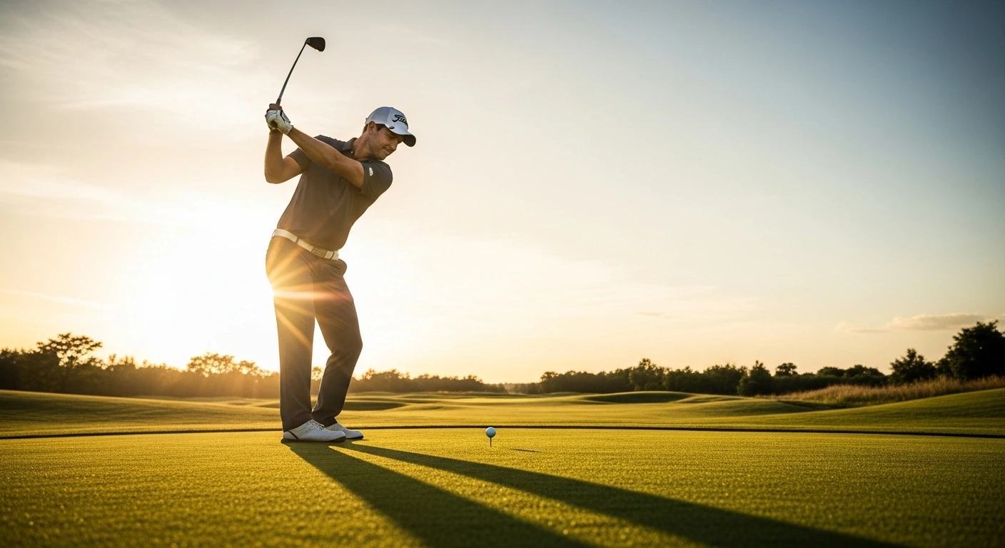 A happy golfer finishing their driver swing at sunset, celebrating a straight shot down the fairway.