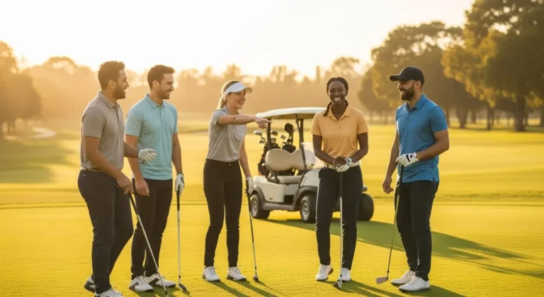 A group of new golfers enjoying a sunny day on the course, learning about golf etiquette.