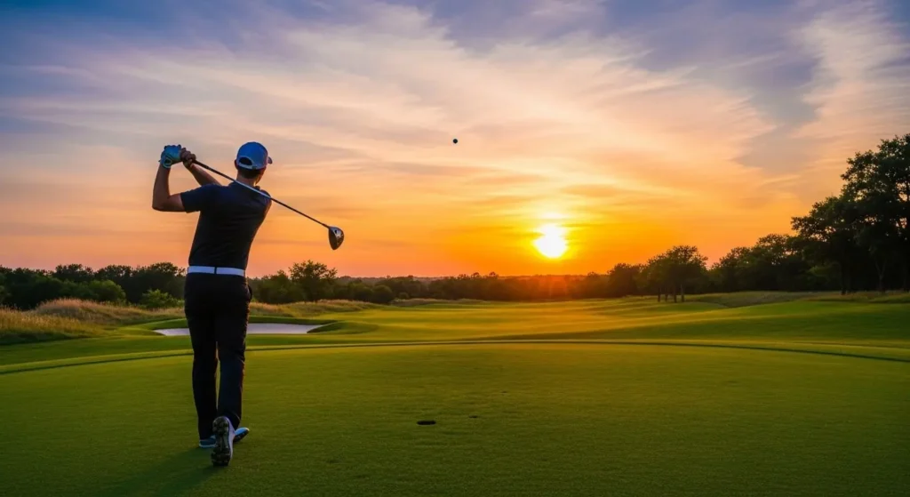 A golfer watches their shot fly down the fairway at sunset, feeling a sense of accomplishment.
