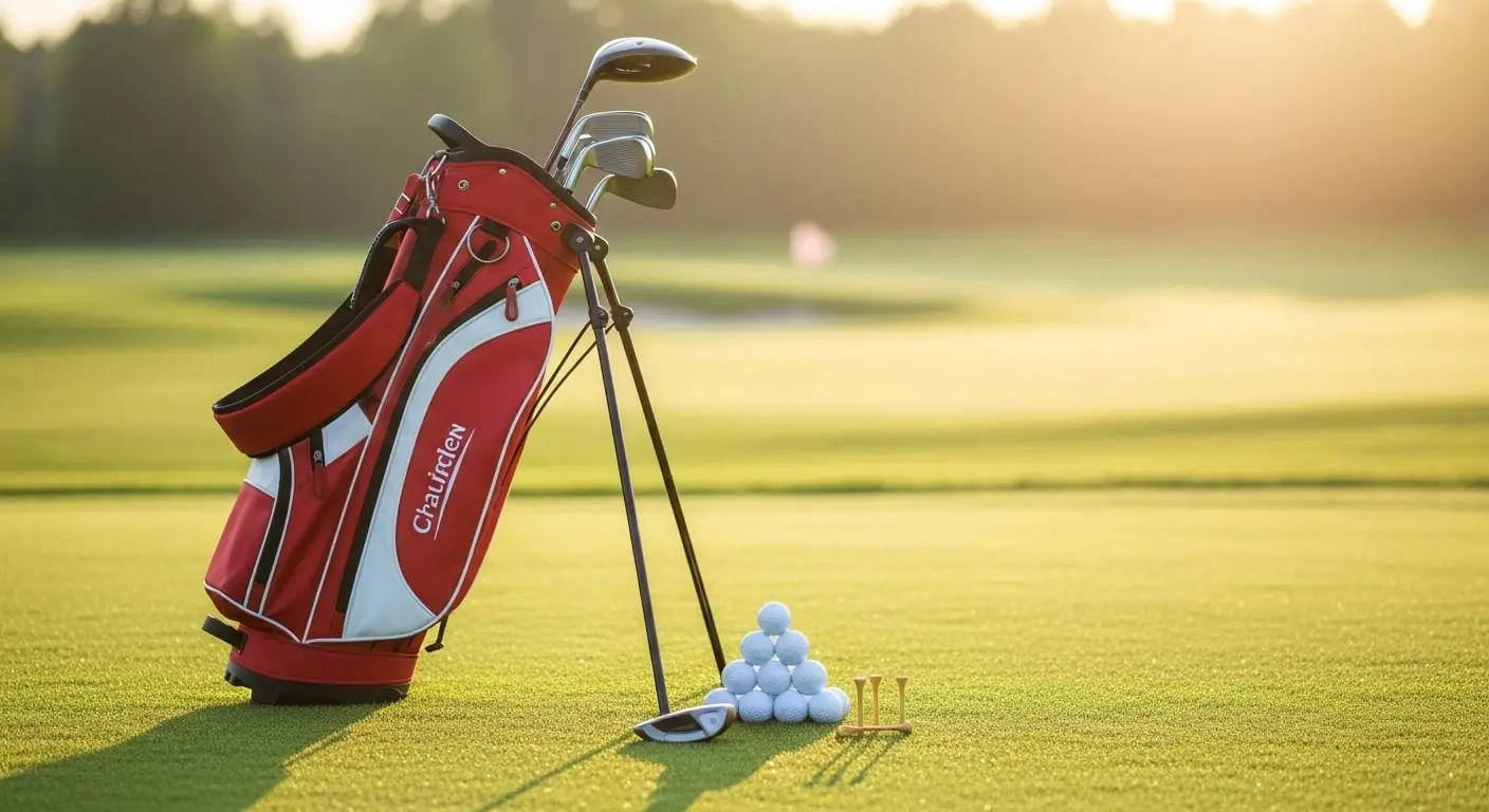 A beginner's golf bag with essential clubs and balls sitting on a tee box, ready for a first round of golf.