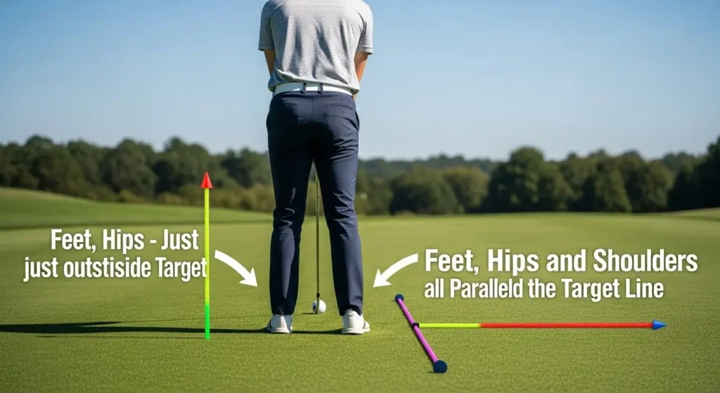 A golfer demonstrating the correct stance and body alignment for a driver swing using two alignment sticks on the ground as a guide.