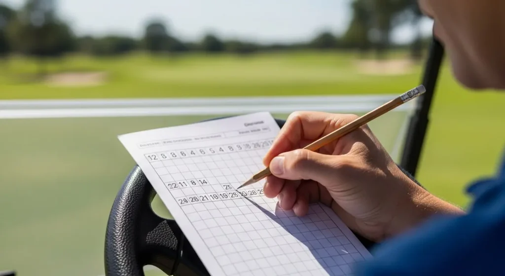 A golfer marking their score on a paper golf scorecard during a round.