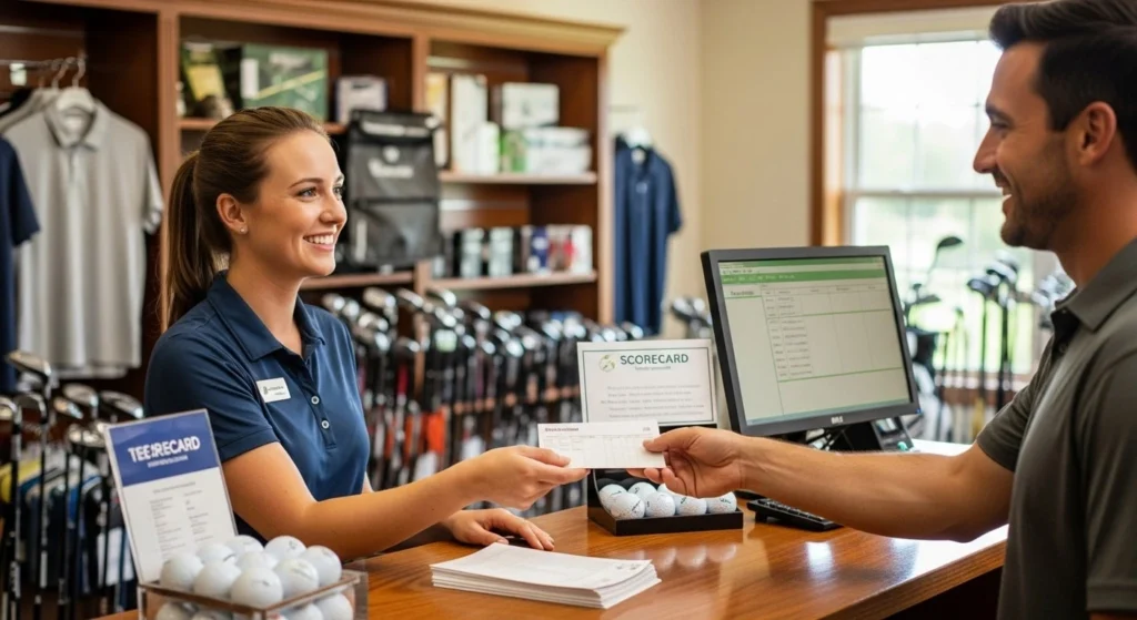 A friendly golf pro shop employee hands a scorecard to a beginner golfer over the counter.
