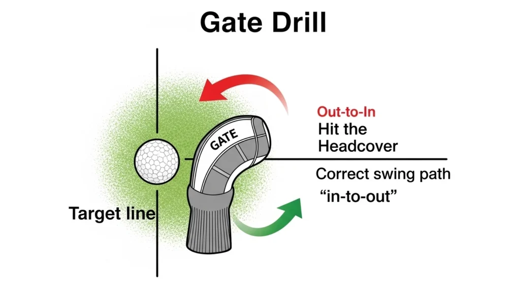 A diagram of the golf 'Gate Drill' which helps correct an out-to-in swing path to fix a slice.