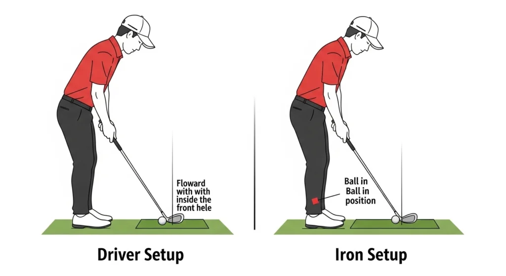 A diagram comparing the correct golf stance and ball position for hitting a driver versus an iron.