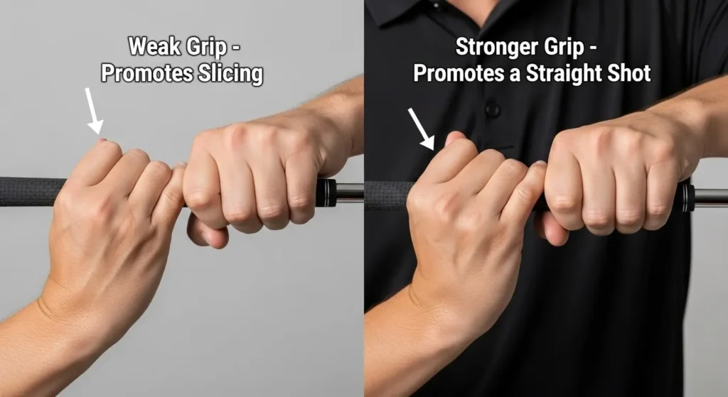 A side-by-side comparison of a weak golf grip that causes a slice and a strong golf grip that helps hit the ball straight.