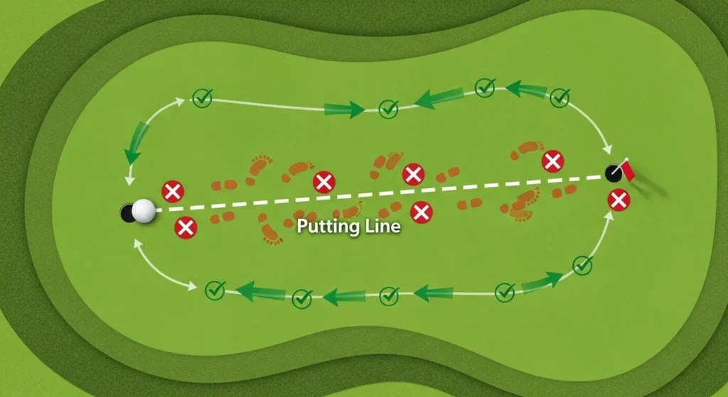 A diagram illustrating a golfer's putting line on a green.