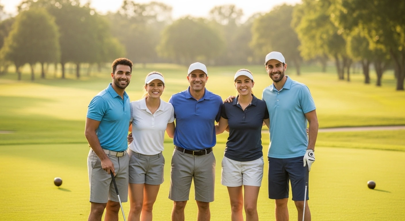 A diverse group of four smiling beginner golfers ready to play on the first tee of a sunny golf course.