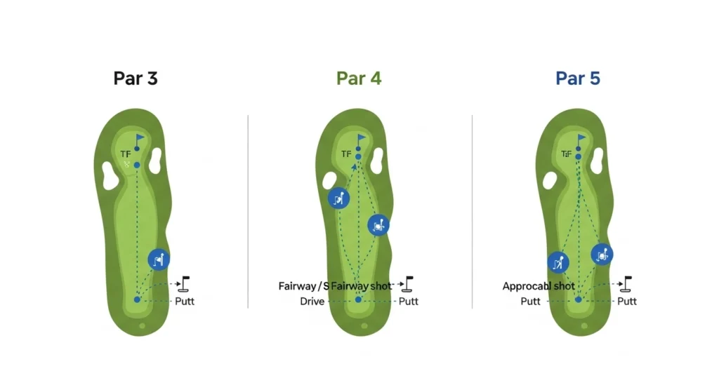 Infographic explaining the layout and expected strokes for a par 3, par 4, and par 5 golf hole.

