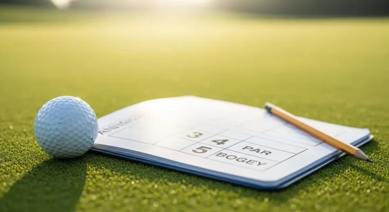 Golf scorecard on a green fairway showing "Par" and "Bogey" with a golf ball and pencil, explaining basic golf scoring terms.