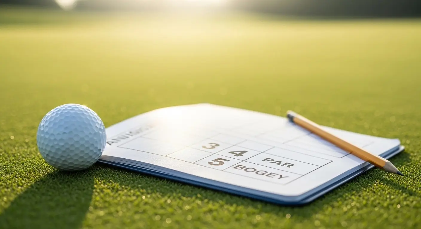 Golf scorecard on a green fairway showing "Par" and "Bogey" with a golf ball and pencil, explaining basic golf scoring terms.