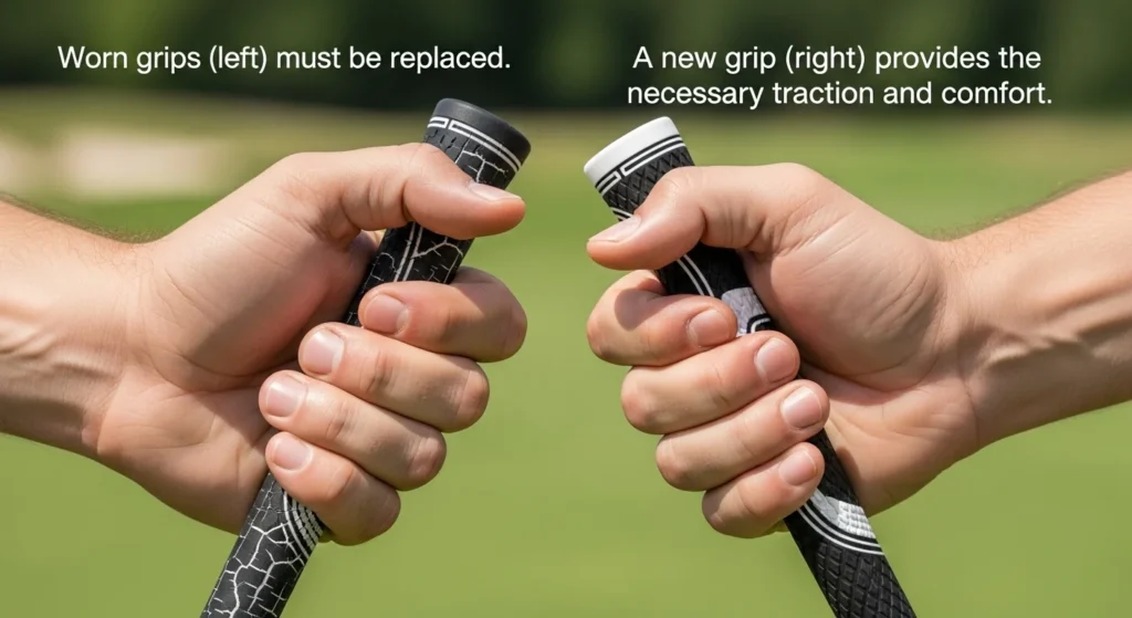 Side-by-side comparison of a worn, cracked golf grip and a new, tacky golf grip.