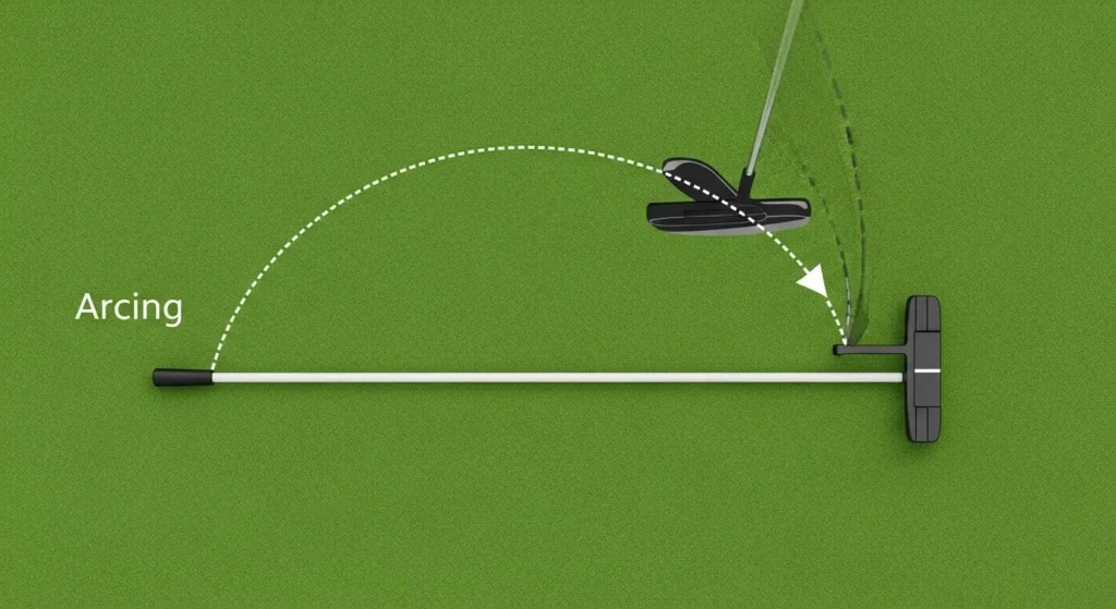 Diagram illustrating the path of an arcing putting stroke versus a straight line.