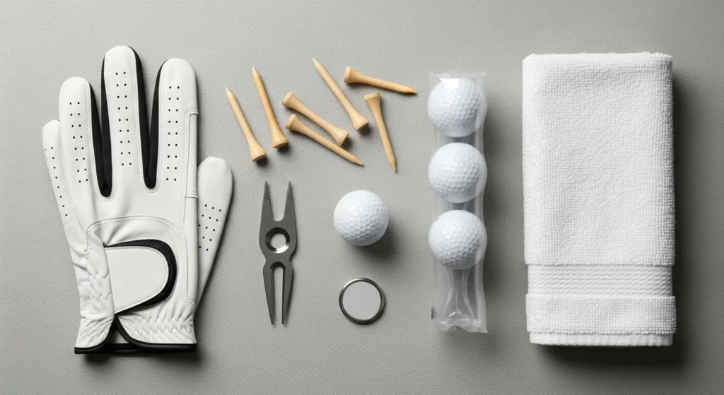 A flat-lay image displays essential golf accessories on green grass: a white golf glove, colorful wooden tees, a metal divot repair tool, a small round ball marker, and a sleeve of three white golf balls next to a folded gray golf towel.

