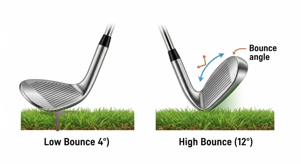A diagram illustrating the difference between a high bounce and a low bounce golf wedge.

