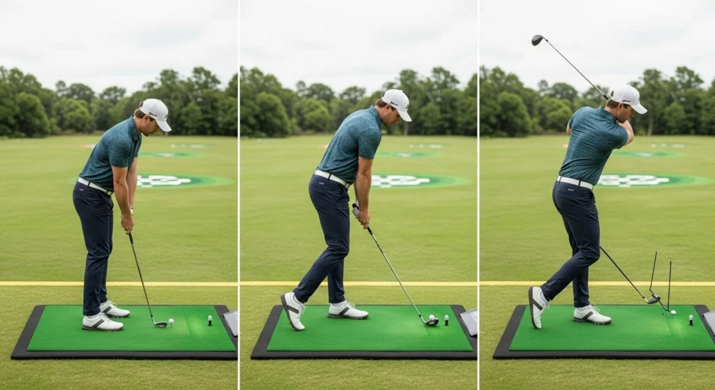 Step-by-step illustration of a golfer performing the step-through drill to improve swing sequencing and increase driver speed.