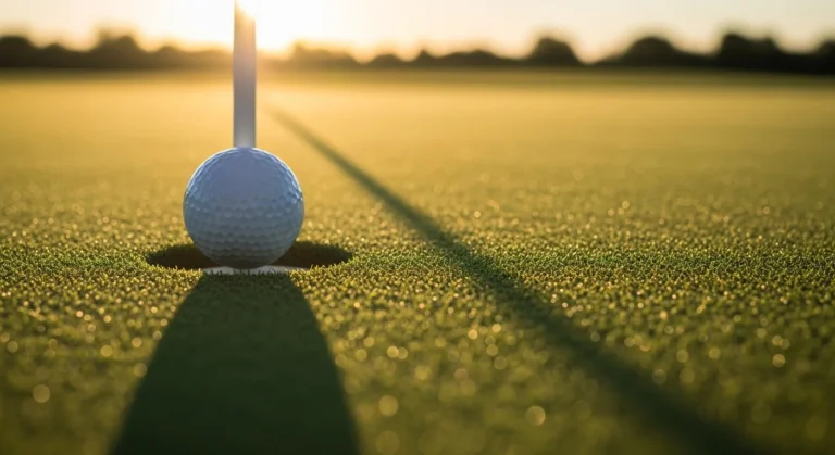 A close-up of a golf ball on the lip of the cup, about to drop in for a successful putt as the sun sets on the green.