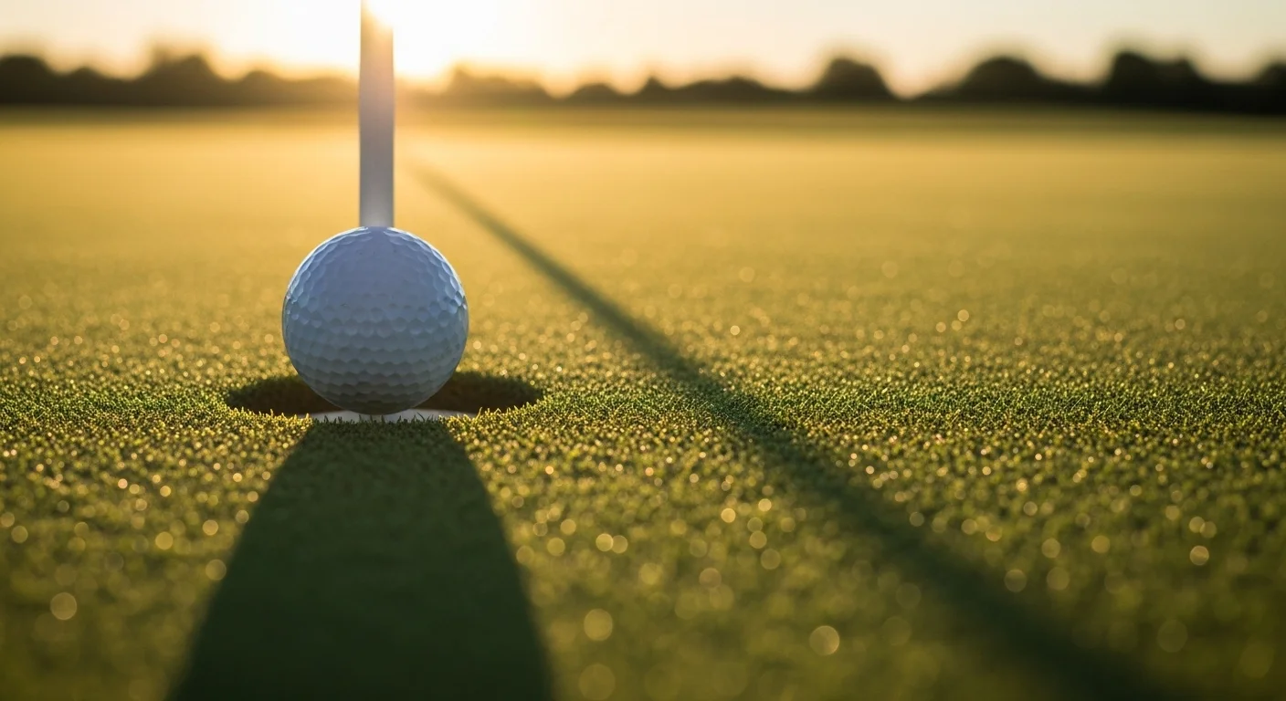 A close-up of a golf ball on the lip of the cup, about to drop in for a successful putt as the sun sets on the green.