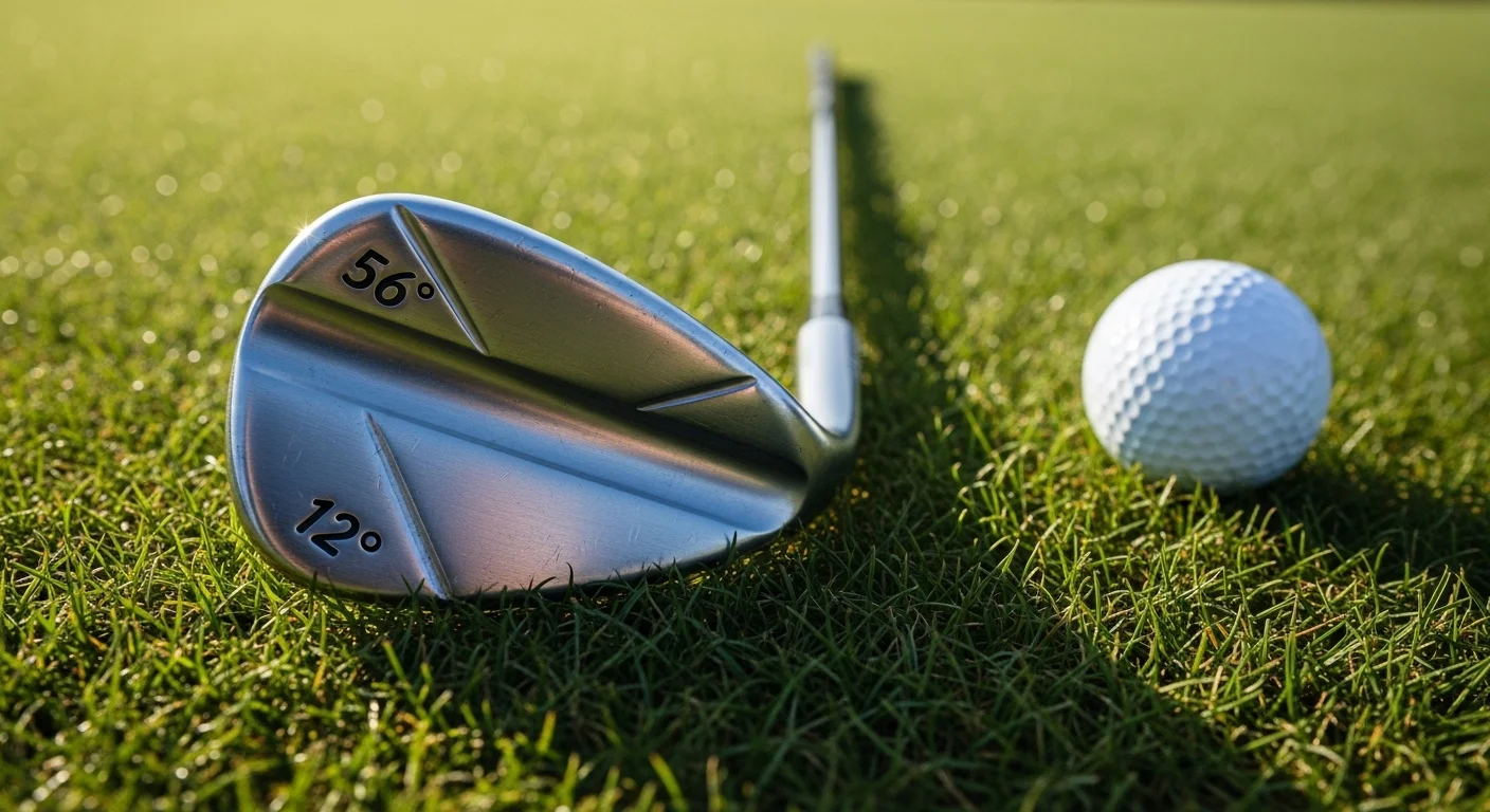 A chrome golf wedge with 56 degrees of loft and 12 degrees of bounce resting on lush green grass next to a golf ball.
