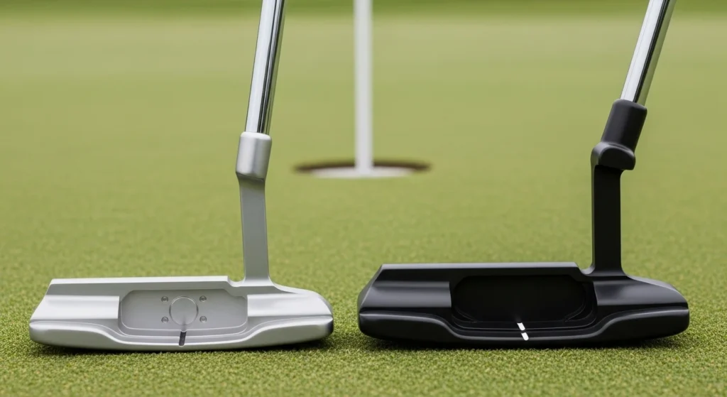 A side-by-side comparison of a blade putter and a mallet putter on a golf green.