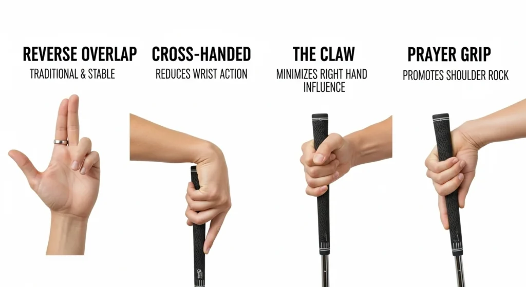Infographic showing four common golf putting grips: Reverse Overlap, Cross-Handed, The Claw, and Prayer Grip.
