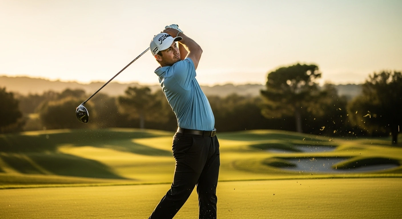 A male golfer in mid-swing, demonstrating a powerful technique to increase driver swing speed on a beautiful golf course at sunset.