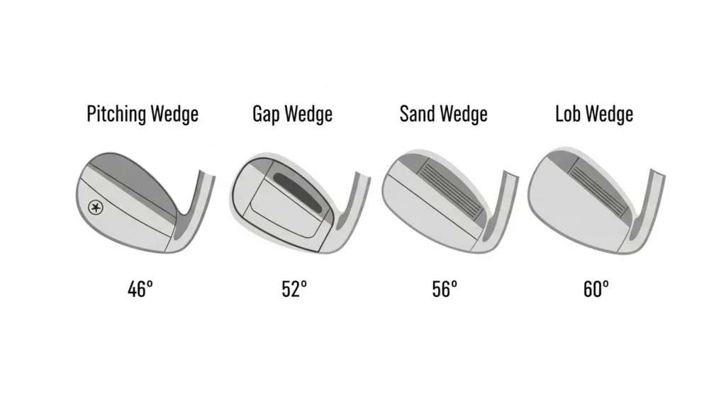 A diagram showing the different lofts of a pitching wedge, gap wedge, sand wedge, and lob wedge.