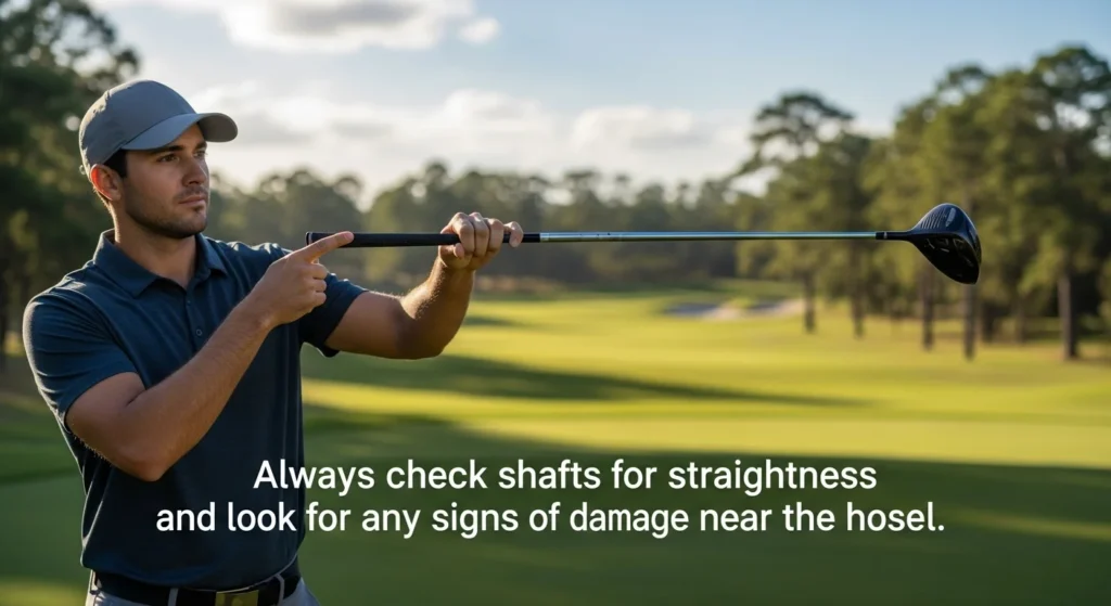 A golfer inspecting the straightness of a used golf club shaft by looking down its length.