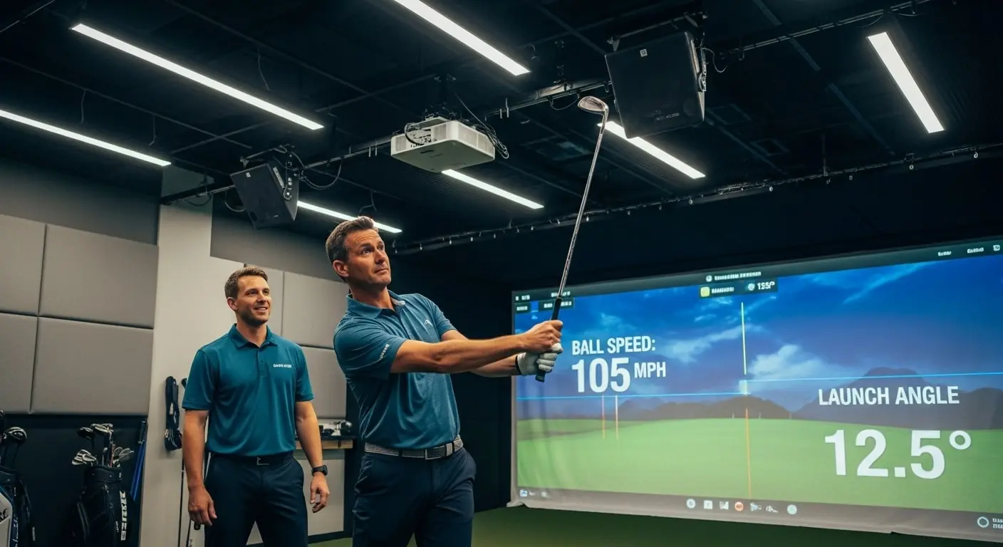 A high handicapper being analyzed by a professional club fitter during a golf club fitting session.