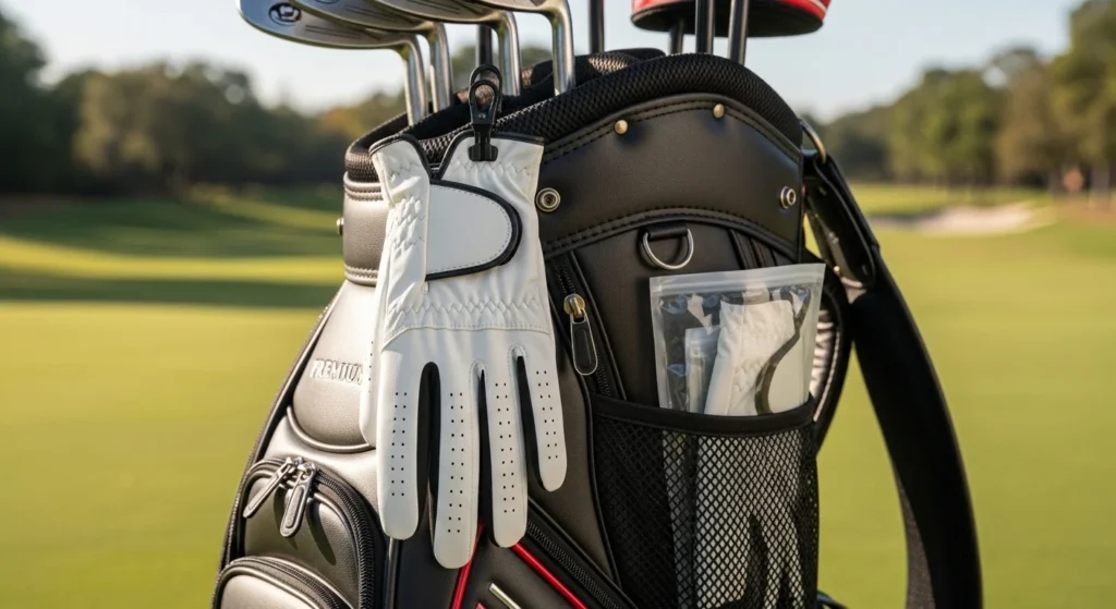 A golf glove hanging from a golf bag to air dry on the course, demonstrating proper glove care.