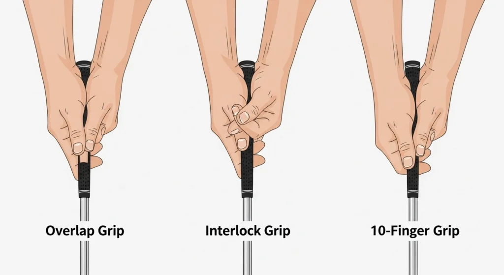 An illustration comparing the three common golf grips: Overlap, Interlock, and 10-Finger.