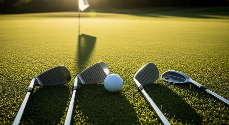 Four different golf wedges fanned out on the fringe of a green during sunset, with the flagstick in the background.