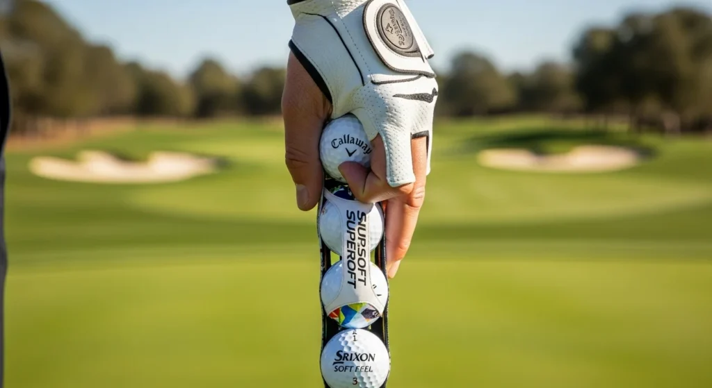 Hand holding a sleeve of affordable Callaway Supersoft golf balls, ideal for beginner golfers.