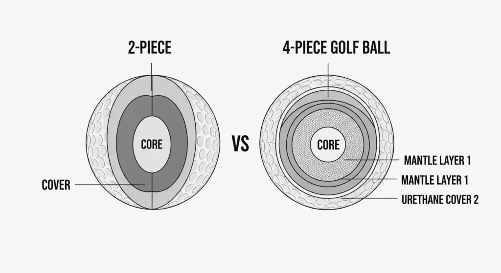 Diagram comparing the inside of a 2-piece golf ball versus a multi-layer 4-piece premium golf ball.