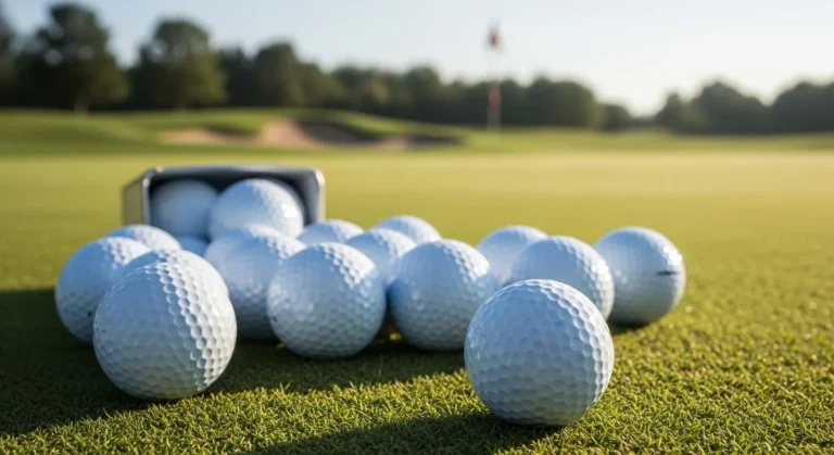A collection of new golf balls on a lush green fairway, representing the process of choosing the right golf ball for a beginner.