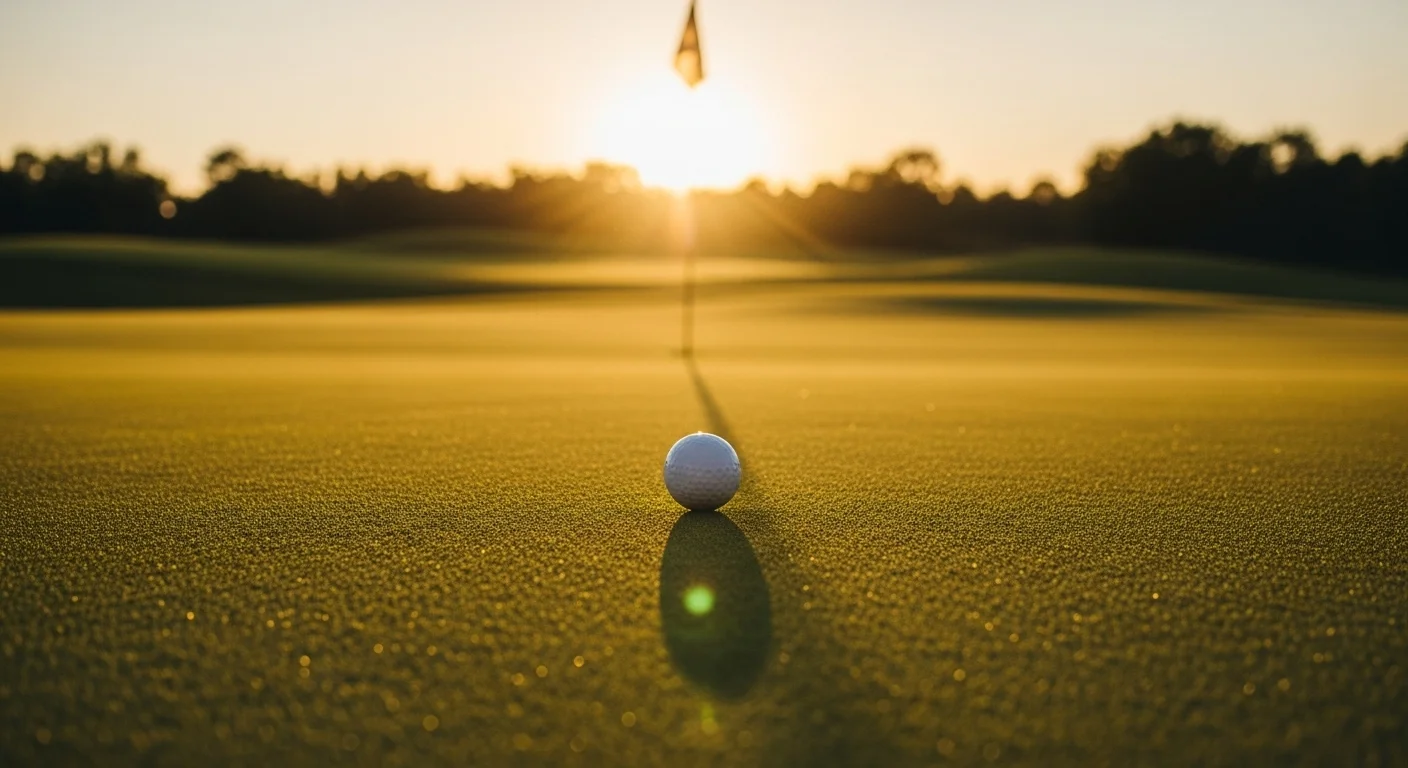 Close-up of a golf ball on the edge of a putting green at sunset, with the hole in the background, illustrating how to read a green for beginners.
