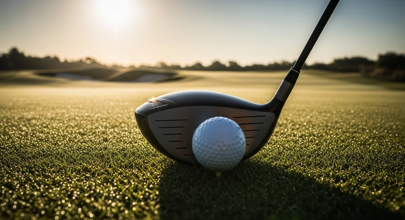 A modern golf driver sitting behind a golf ball on a tee, with a pristine golf course fairway stretching out into the morning sun, illustrating the topic of choosing the best driver.