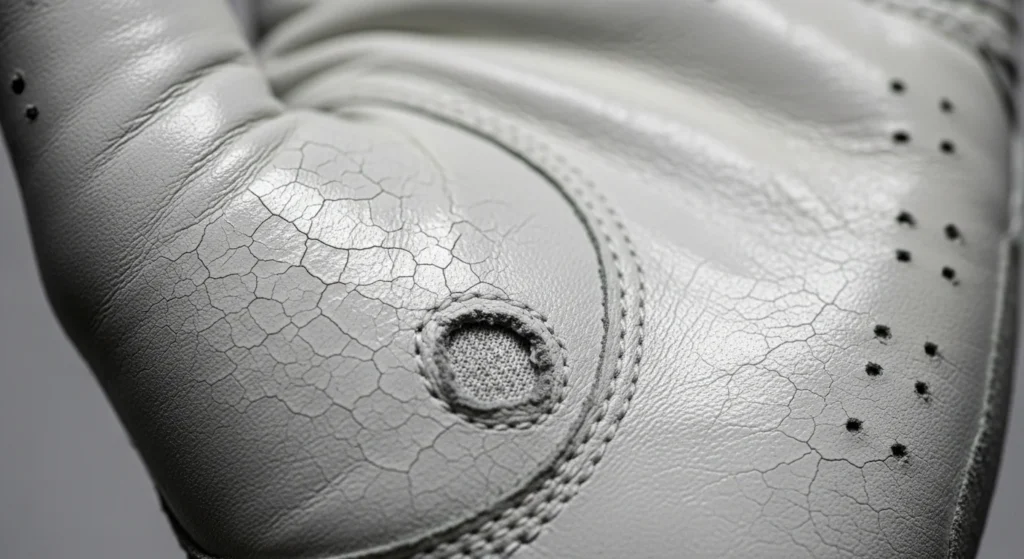 A close-up of a worn-out white golf glove showing a shiny, slick palm area and small cracks in the leather.