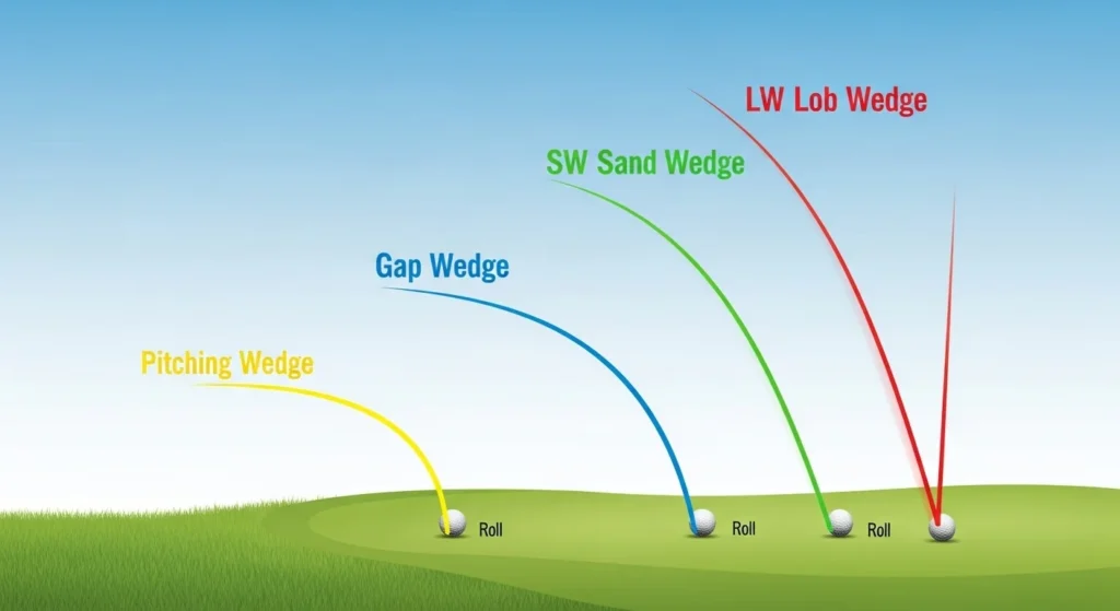 A graphic comparing the chipping trajectories of a pitching wedge, gap wedge, sand wedge, and lob wedge from just off the green.