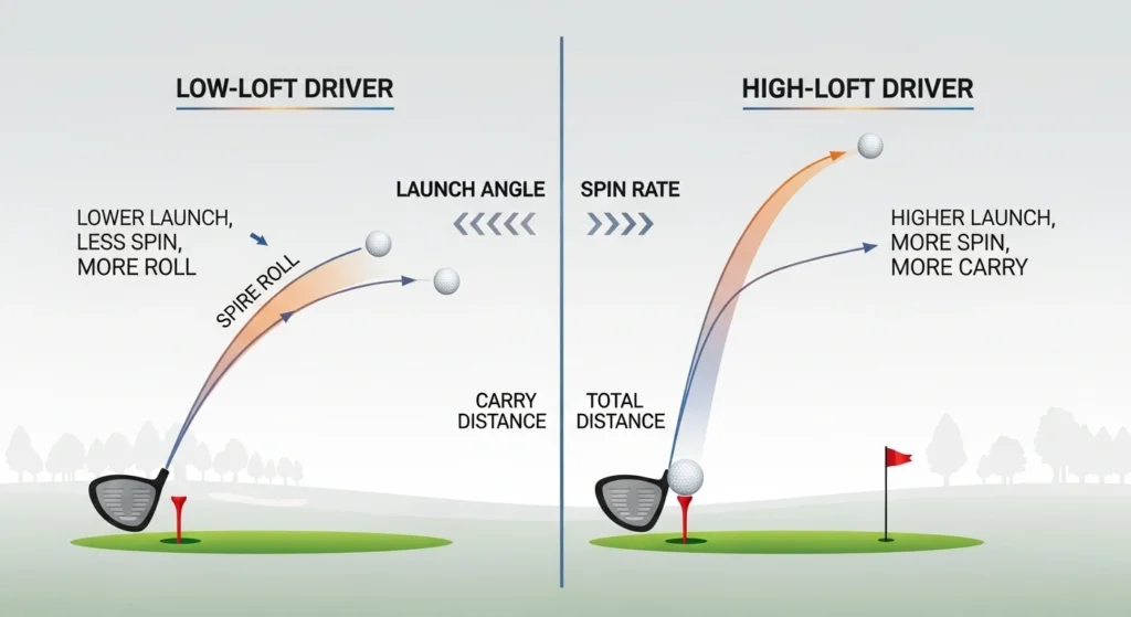 Infographic comparing the ball flight of a low-loft driver versus a high-loft driver.