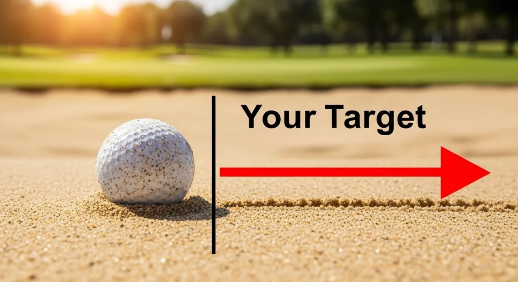 Close-up of a golf ball in sand with a red arrow pointing to a line drawn 2 inches behind it, indicating the optimal sand impact point.