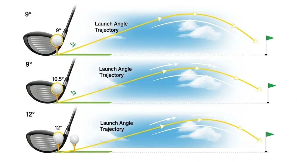 An infographic demonstrating how driver loft affects ball flight, showing lower, medium, and high trajectories to help golfers understand how to choose the right loft for their swing.