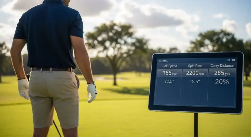A launch monitor screen displaying golf shot data like ball speed, launch angle, and carry distance.